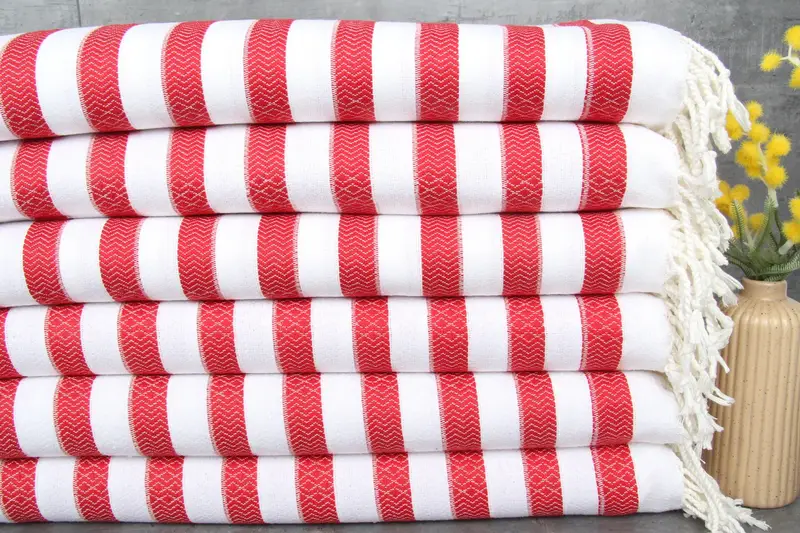 Beach Towel Organic Cotton Red Stripes Beige, 36x71 Inches