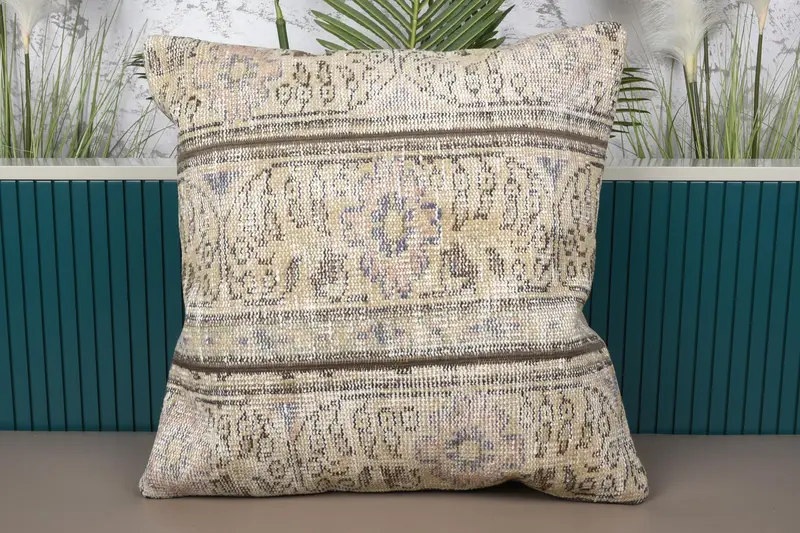 Beige & Brown Patchwork Throw Pillow, Handmade Embroidered Cushion