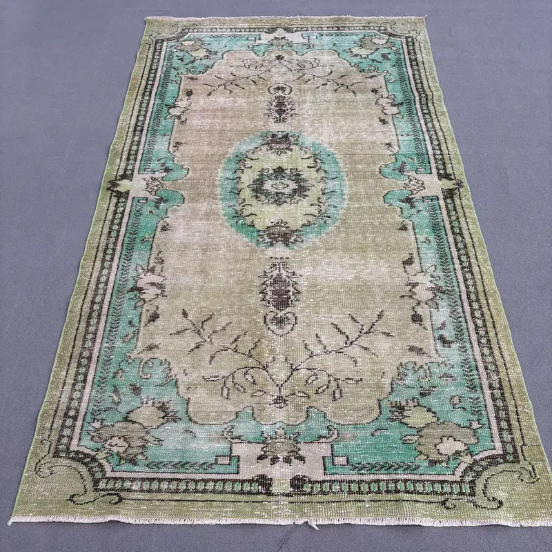 5.3x9.2 ft Turkish Rug, Vintage Large Rug, Green Floral Wool Rug - 1