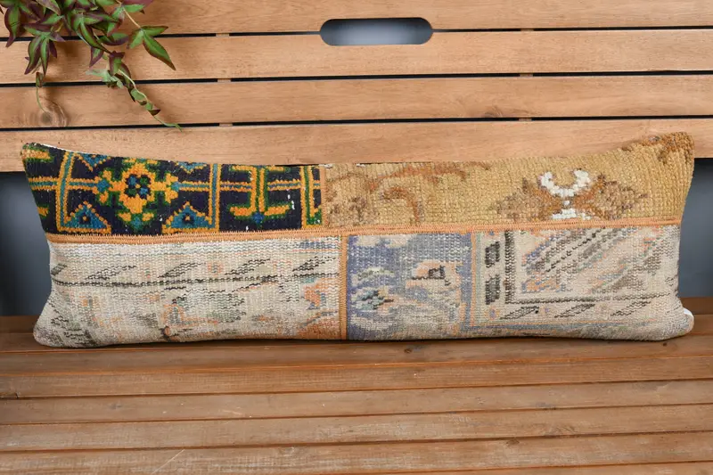 Vintage Kilim Pillow, Floor Cushion Cover, Turkish Bench Pillow Case, Vintage Pillow, 12x36 Beige Pillow Sham, Cushion Case, Handmade Kilim Cushion - 6