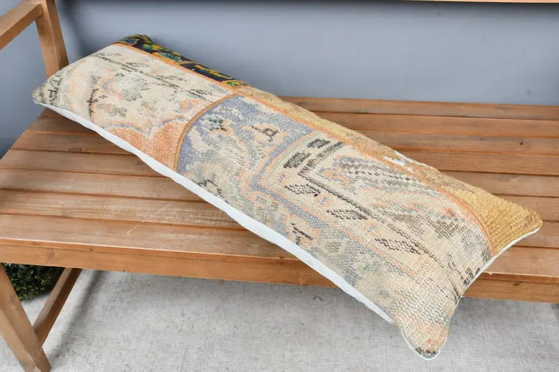 Vintage Kilim Pillow, Floor Cushion Cover, Turkish Bench Pillow Case, Vintage Pillow, 12x36 Beige Pillow Sham, Cushion Case, Handmade Kilim Cushion - 3