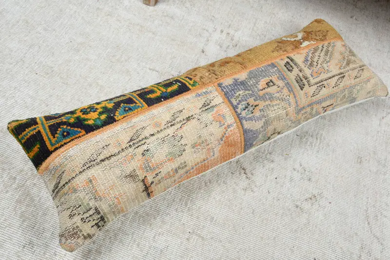 Vintage Kilim Pillow, Floor Cushion Cover, Turkish Bench Pillow Case, Vintage Pillow, 12x36 Beige Pillow Sham, Cushion Case, Handmade Kilim Cushion - 8