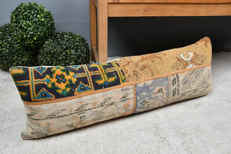 Vintage Kilim Pillow, Floor Cushion Cover, Turkish Bench Pillow Case, Vintage Pillow, 12x36 Beige Pillow Sham, Cushion Case, Handmade Kilim Cushion - 7