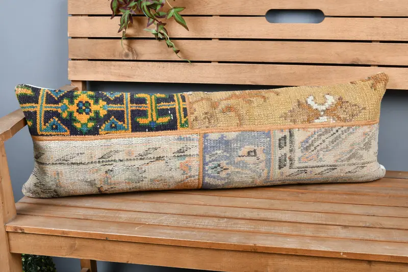 Vintage Kilim Pillow, Floor Cushion Cover, Turkish Bench Pillow Case, Vintage Pillow, 12x36 Beige Pillow Sham, Cushion Case, Handmade Kilim Cushion - 1
