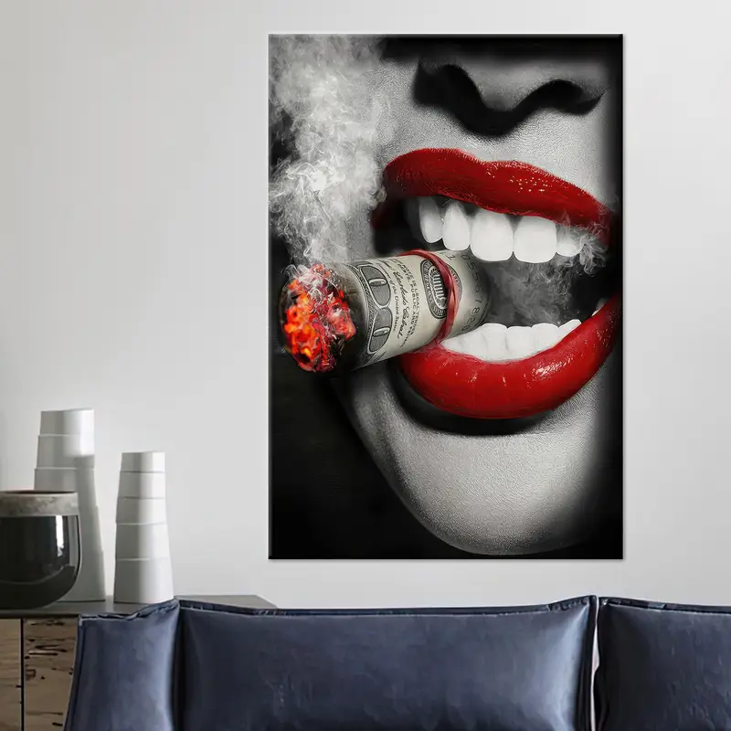 エレガントなキャンバス: お金の葉巻を持つ喫煙女性、赤いリップ