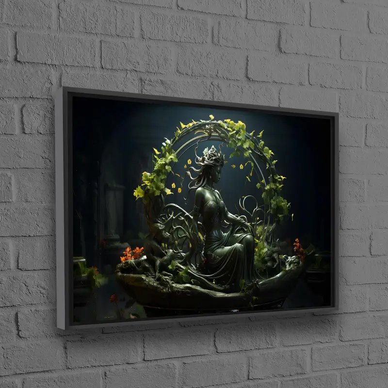 Elegante lienzo de estatua verde: la serenidad de la naturaleza en tonos vibrantes