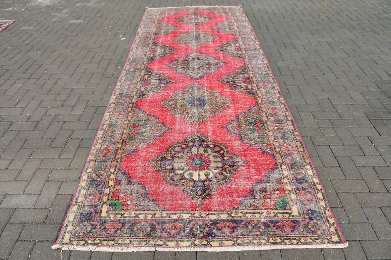 Vintage Teppich, 4,7x12,9 ft Läufer Türkischer Teppich, Oushak Rot Blau Teppich - 1