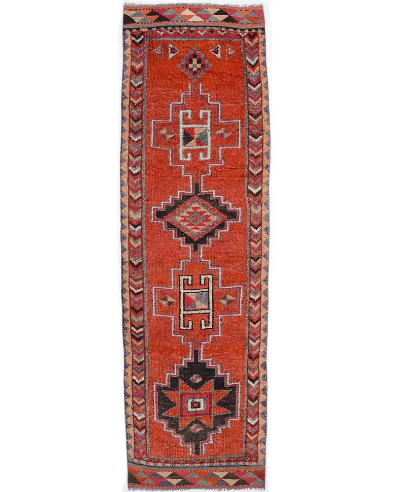 Orange & White Rug, 3,1x10,5 ft Geometric Floral