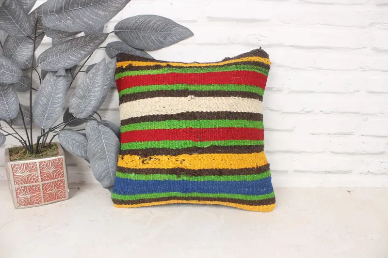 14x14 Green Pillow Case, Southwestern Pillow, Bolster Throw Cushion Cover, Pillow, Turkish Pillow, Kilim Cushion Sham, Vintage Pillow - 1