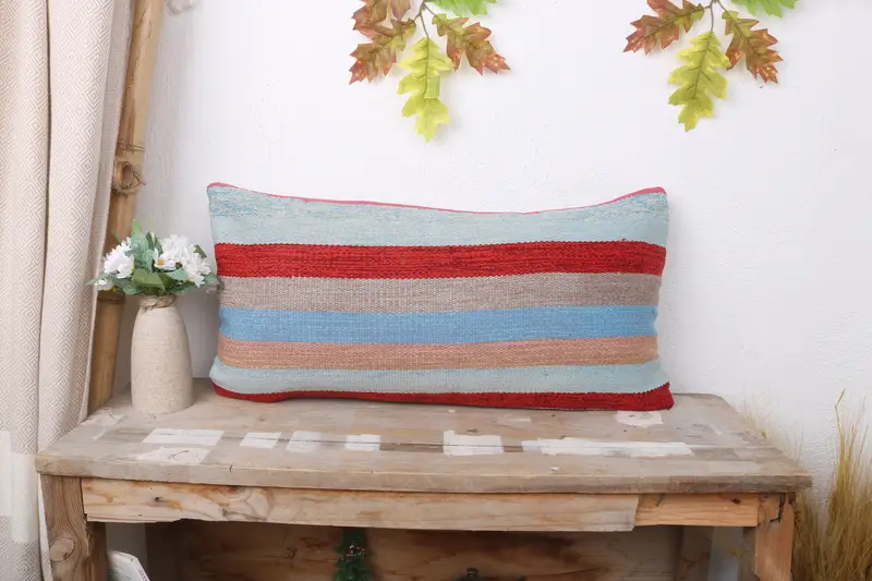 Vintage Kilim Throw Pillow, Handmade Kilim Cushion, Vintage Pillow, 12x24 Blue Cushion Case, Hippie Throw Pillow, Cushion Case - 1