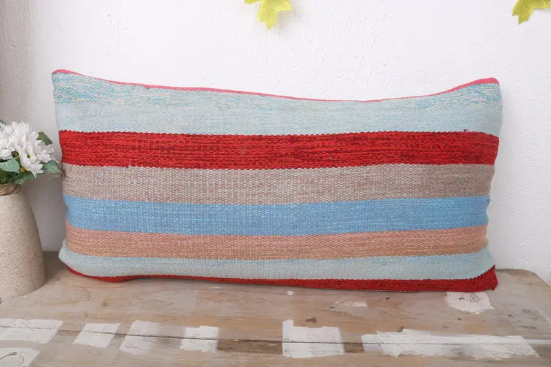Vintage Kilim Throw Pillow, Handmade Kilim Cushion, Vintage Pillow, 12x24 Blue Cushion Case, Hippie Throw Pillow, Cushion Case - 2