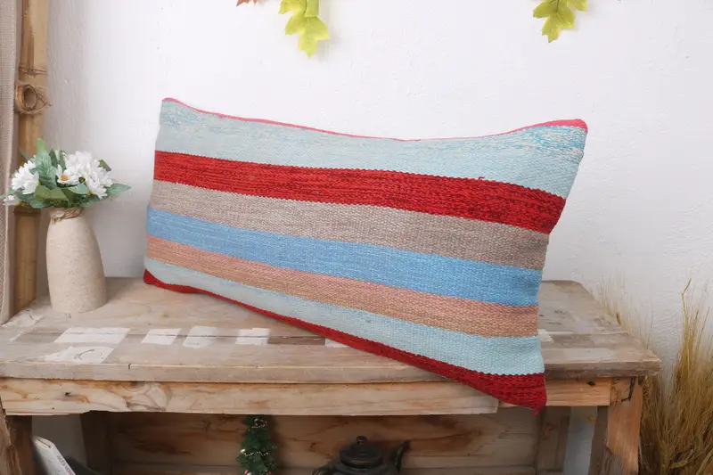 Vintage Kilim Throw Pillow, Handmade Kilim Cushion, Vintage Pillow, 12x24 Blue Cushion Case, Hippie Throw Pillow, Cushion Case - 4