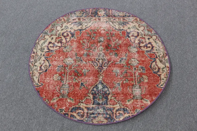 Red and Blue Rug, 3,22x3,22 ft Floral and Geometric Pattern