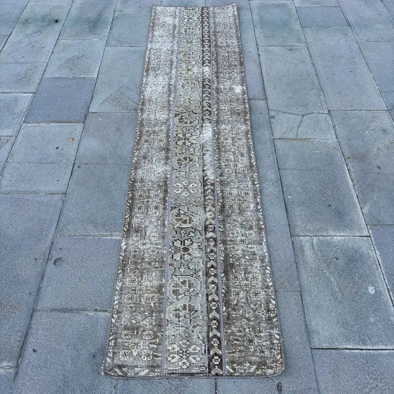 Alfombra turca, alfombra corredor de 1,8x7,7 pies, alfombra vintage de lana floral gris - 1