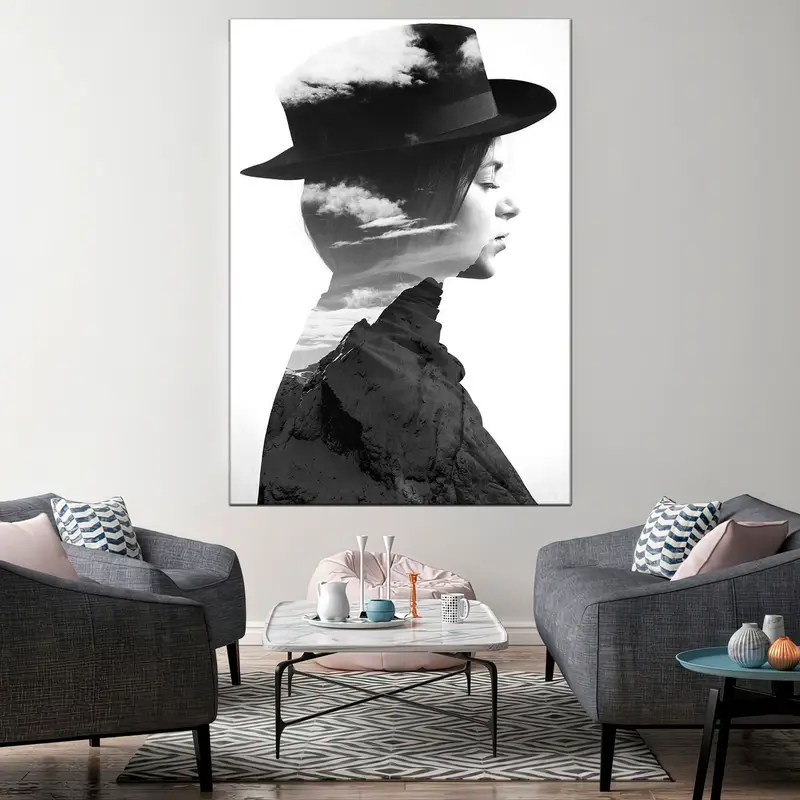Şapka ve Dağ Kız Poster, Kadın Soyut Sanat, Çift Maruz Kalma Tuval, Dağ Mağazası Sanatı, Monokrom Tuval, Güzel Kız Duvar Dekoru - 3