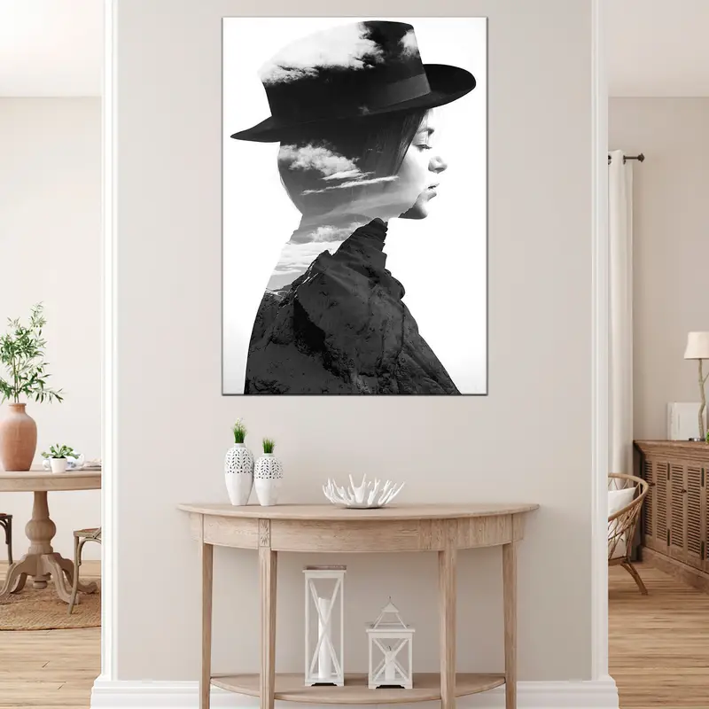 Şapka ve Dağ Kız Poster, Kadın Soyut Sanat, Çift Maruz Kalma Tuval, Dağ Mağazası Sanatı, Monokrom Tuval, Güzel Kız Duvar Dekoru - 4