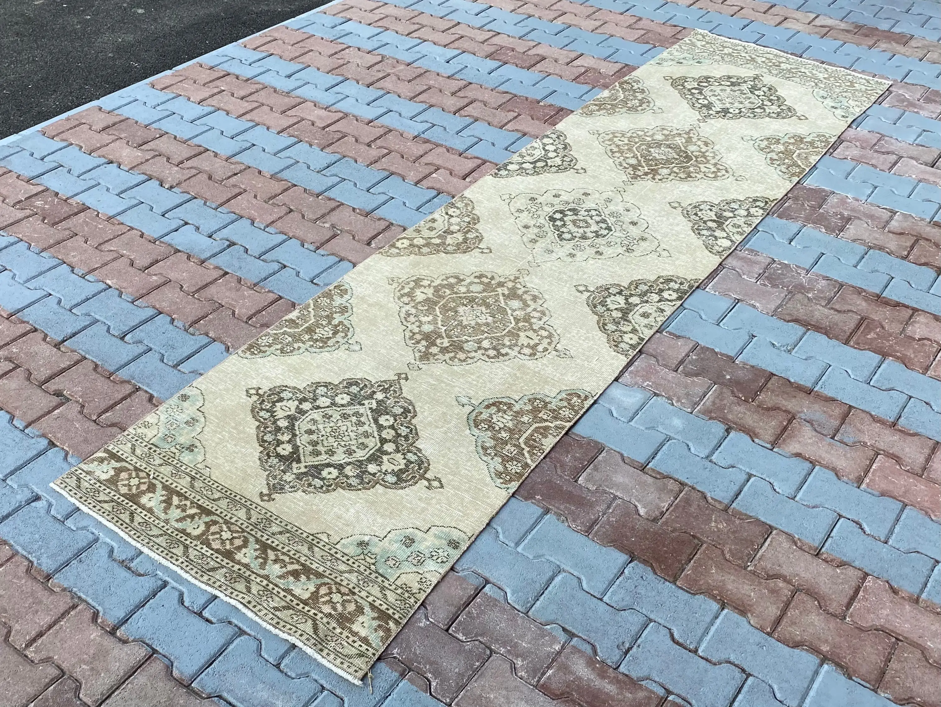 Vintage Runner Rug, 2.8x12.3 ft Turkish Rug, Brown Floral Wool Rug - 1