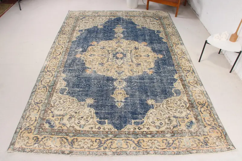 Handmade Blue & Beige Rug, 0.6x10.3 ft Botanical Design