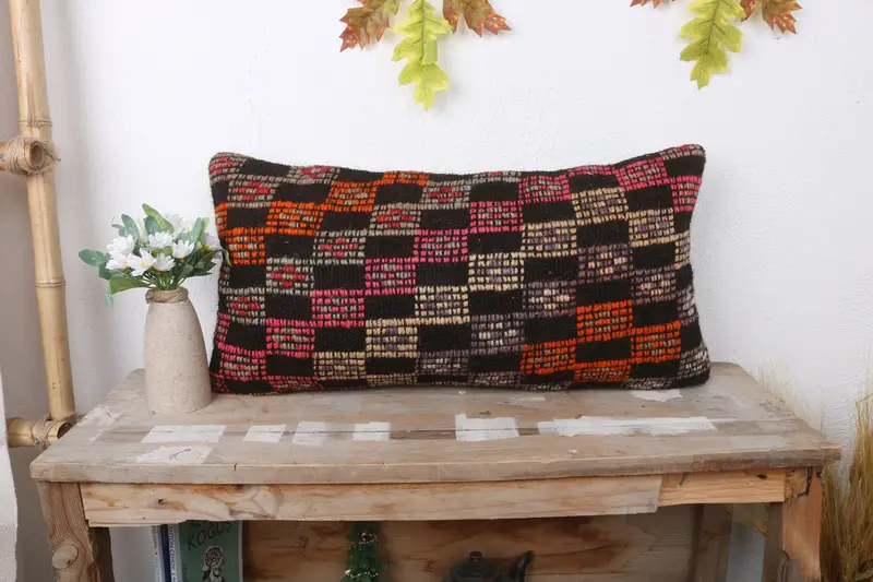 Pillow Cover, Handwoven Cushion Case, 12x24 Pink Pillow Sham, Kilim Cushion Sham, Pillow for Couch, Oriental Pillow Case, Ethnical Kilim Rug Pillow - 1