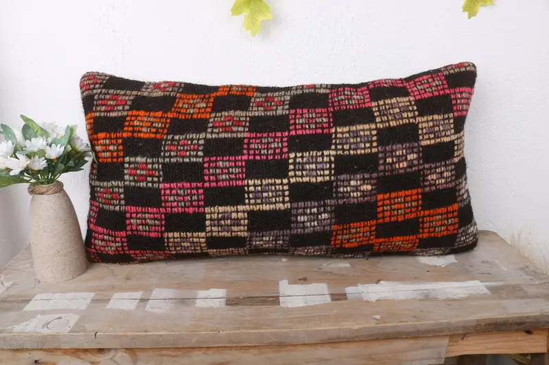 Pillow Cover, Handwoven Cushion Case, 12x24 Pink Pillow Sham, Kilim Cushion Sham, Pillow for Couch, Oriental Pillow Case, Ethnical Kilim Rug Pillow - 2