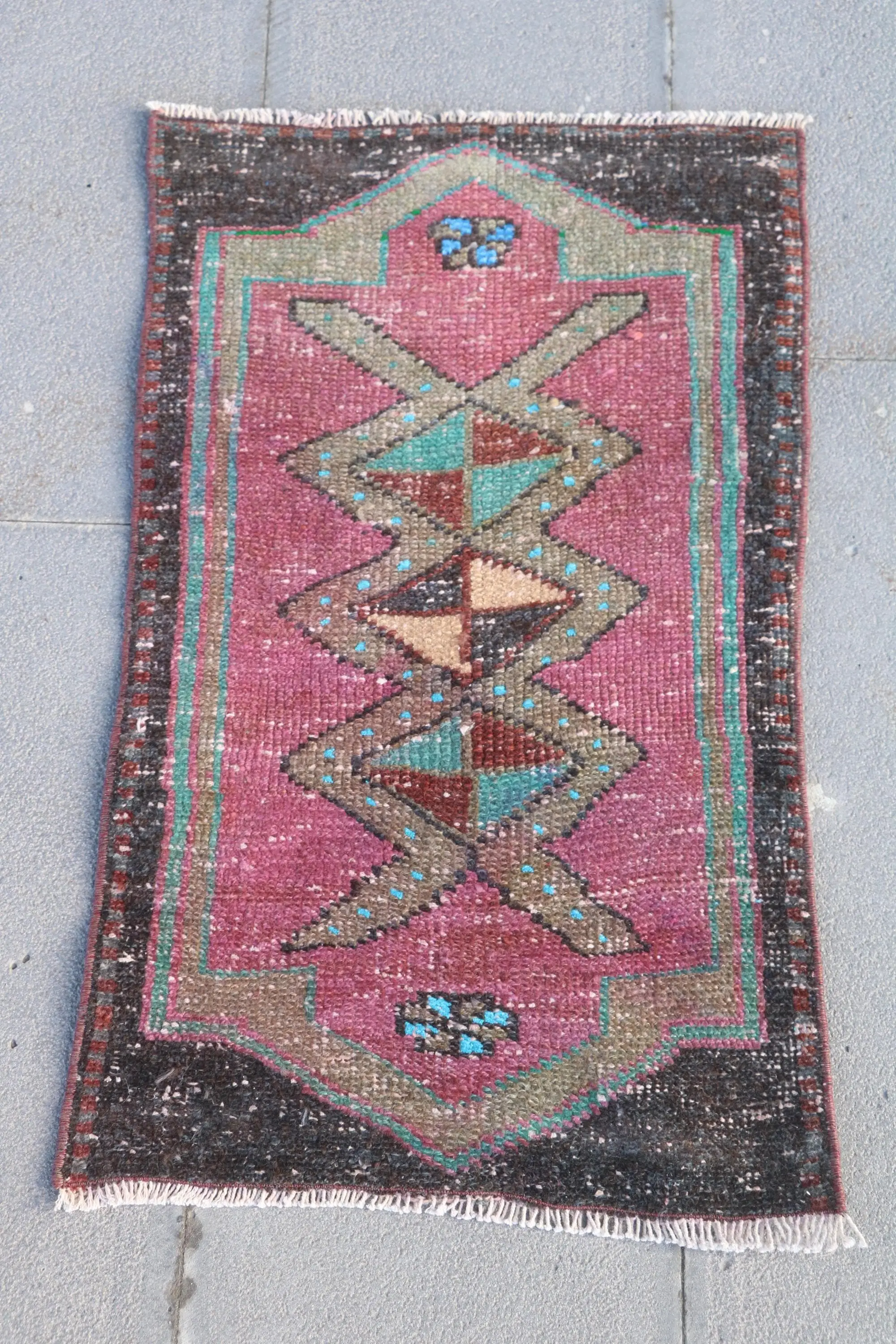 Turkish Small Rug 1.5x2.6 ft, Vintage Red Abstract Wool Rug - 1