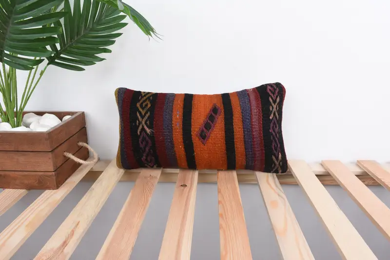 Ethnical Kilim Rug Pillow, Handwoven Pillow Cover Pillow Case, Pillow Case, Boho Pillow Sham Cover, 8x16 Orange Cushion Cover, Turkish Kilim Pillow - 1