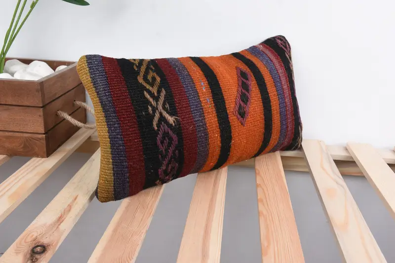 Ethnical Kilim Rug Pillow, Handwoven Pillow Cover Pillow Case, Pillow Case, Boho Pillow Sham Cover, 8x16 Orange Cushion Cover, Turkish Kilim Pillow - 4