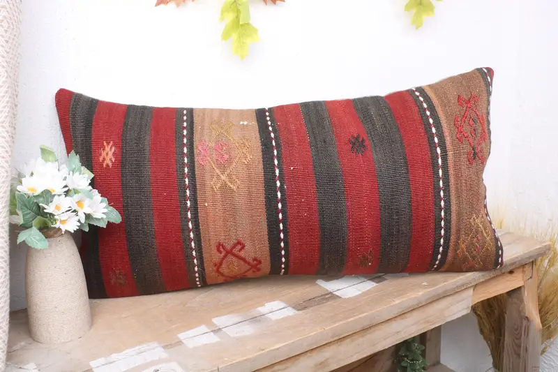 Cushion Cover, Decorative Pillow Cover, Kilim Pillow, 12x24 Red Cushion, Hippie Throw Cushion Cover, Interior Designer Pillow, Pillow for Sofa - 4