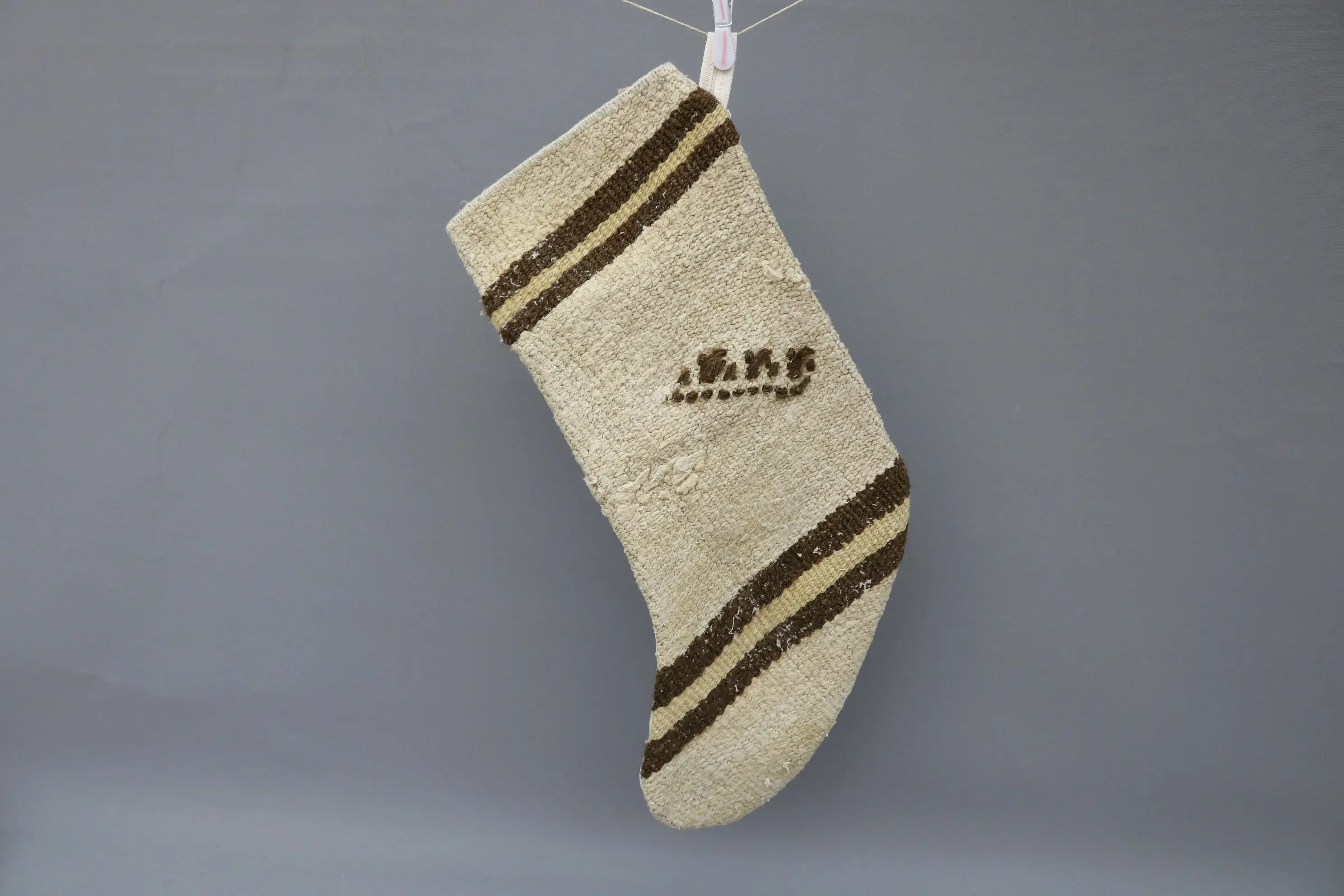 Beige Christmas Stocking, 9-Inch Wide Stocking with Ornament Pattern - 1