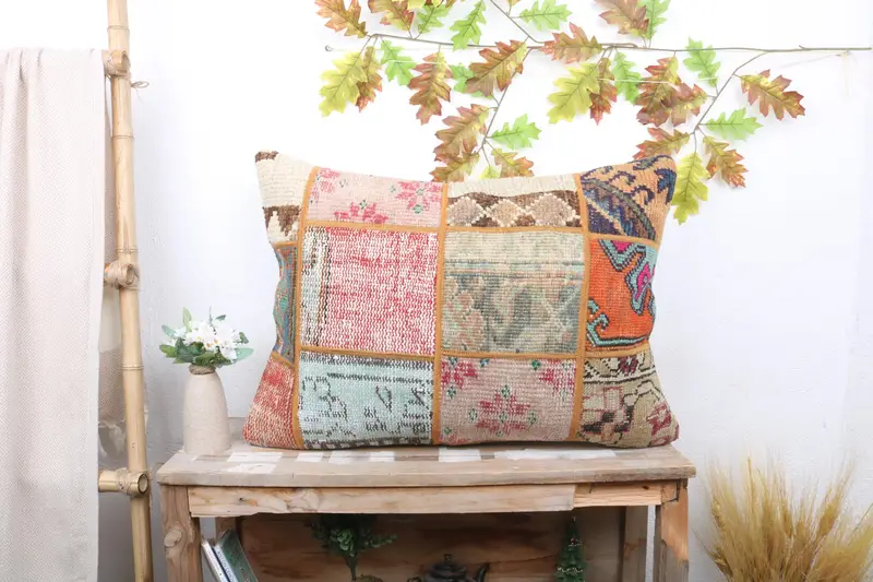 Red & Beige Patchwork Throw Pillow, 20x28 Embroidered Cushion