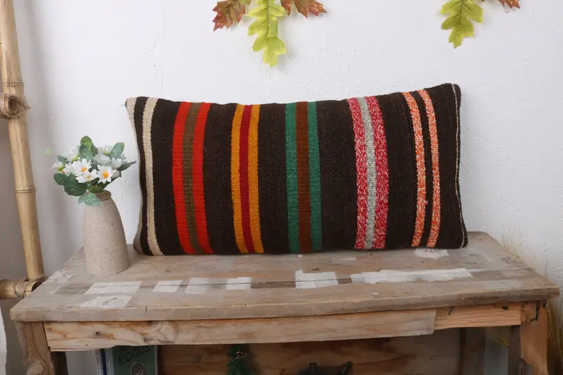 Turkish Kilim Pillow, Vintage Kilim Throw Pillow, 12x24 Brown Cushion Cover, Pillow Cover, Turkish Pillow, Ottoman Pillow Case - 1