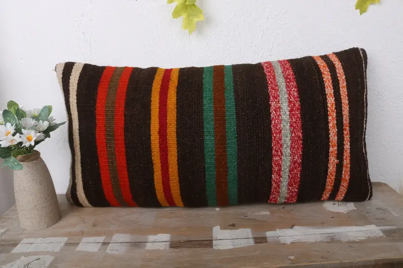 Turkish Kilim Pillow, Vintage Kilim Throw Pillow, 12x24 Brown Cushion Cover, Pillow Cover, Turkish Pillow, Ottoman Pillow Case - 2