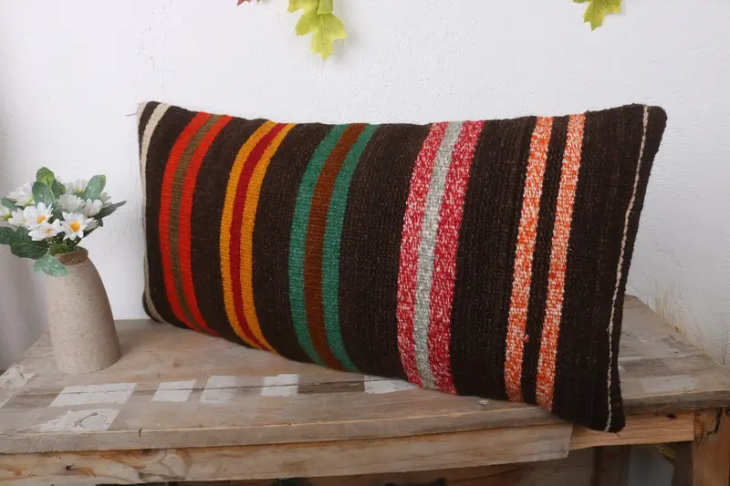 Turkish Kilim Pillow, Vintage Kilim Throw Pillow, 12x24 Brown Cushion Cover, Pillow Cover, Turkish Pillow, Ottoman Pillow Case - 4