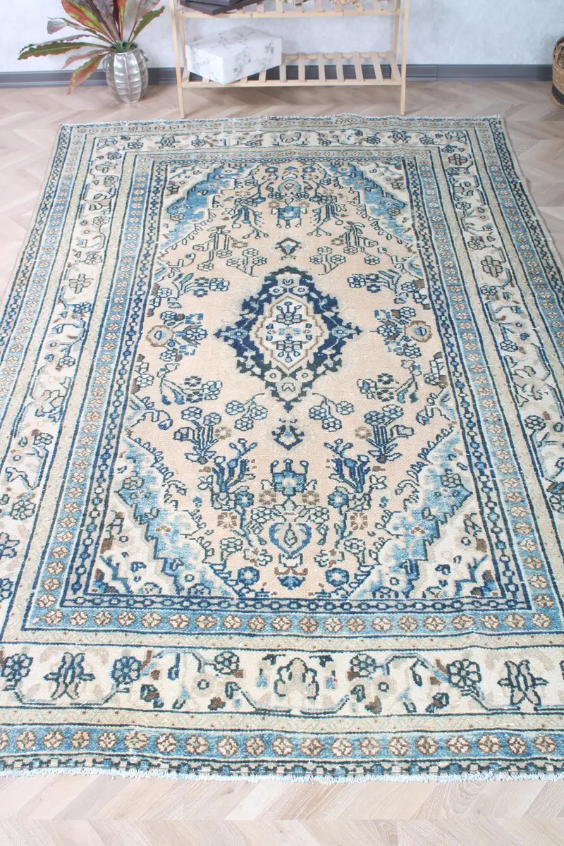 6.46x10 ft Vintage Halı, Türk Büyük Halı, Mavi Fas Yün Halısı - 1