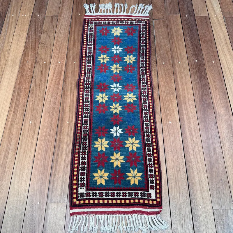 1.4x4 ft Turkish Rug, Vintage Small Rug, Blue Solid Wool Rug - 1