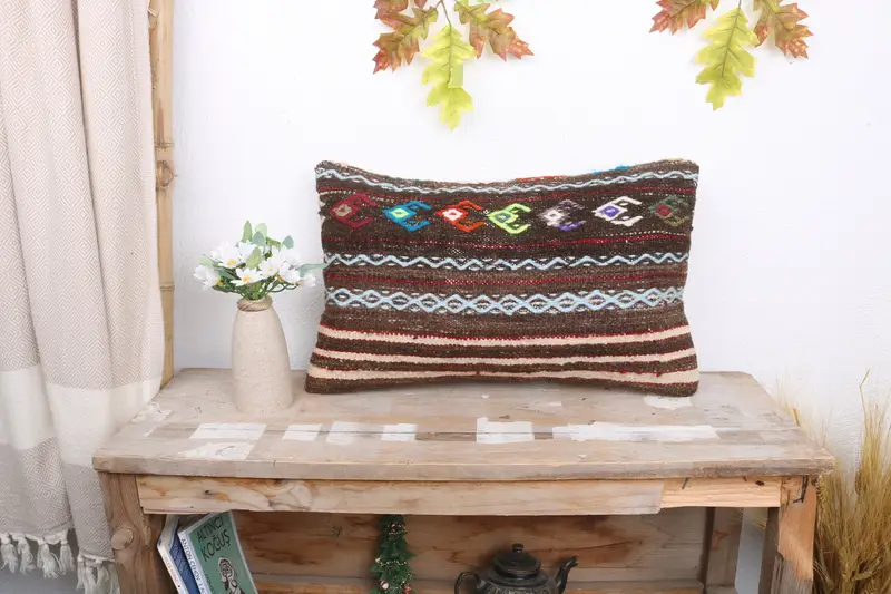 Pillow Case, 12x20 Brown Pillow Sham, Kilim Cushion Sham, Interior Designer Pillow, Kilim Pillow, Handwoven Pillow Cover Cushion - 1