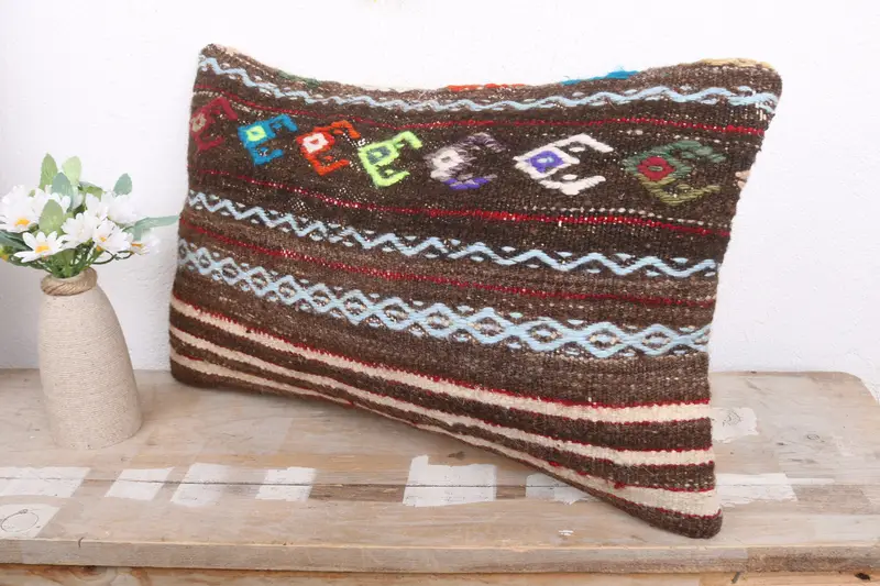 Pillow Case, 12x20 Brown Pillow Sham, Kilim Cushion Sham, Interior Designer Pillow, Kilim Pillow, Handwoven Pillow Cover Cushion - 4