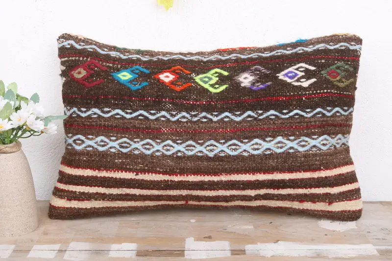 Pillow Case, 12x20 Brown Pillow Sham, Kilim Cushion Sham, Interior Designer Pillow, Kilim Pillow, Handwoven Pillow Cover Cushion - 2