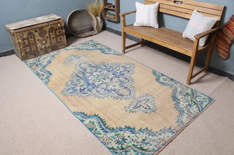 Elegante alfombra floral beige y azul, decoración elegante de 4,2 x 8 pies