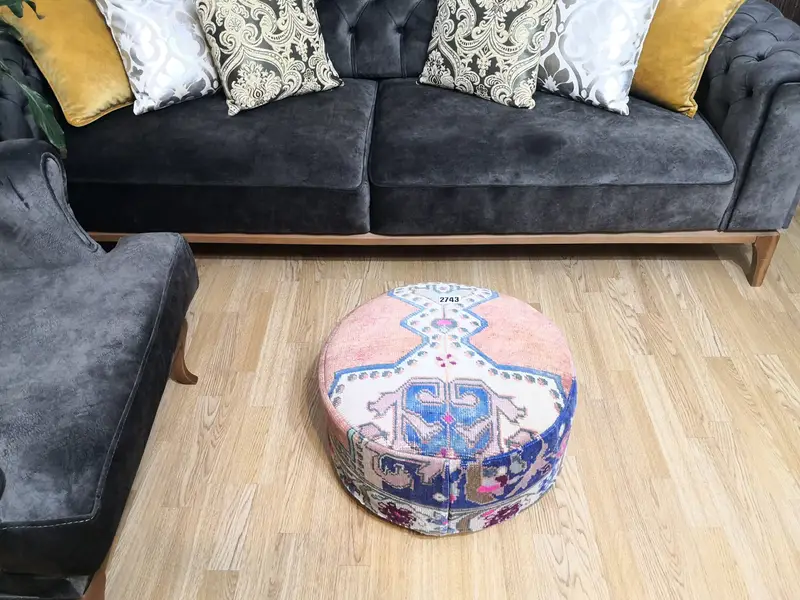 長方形キリム風プーフ、手作りウールオットマンプーフ