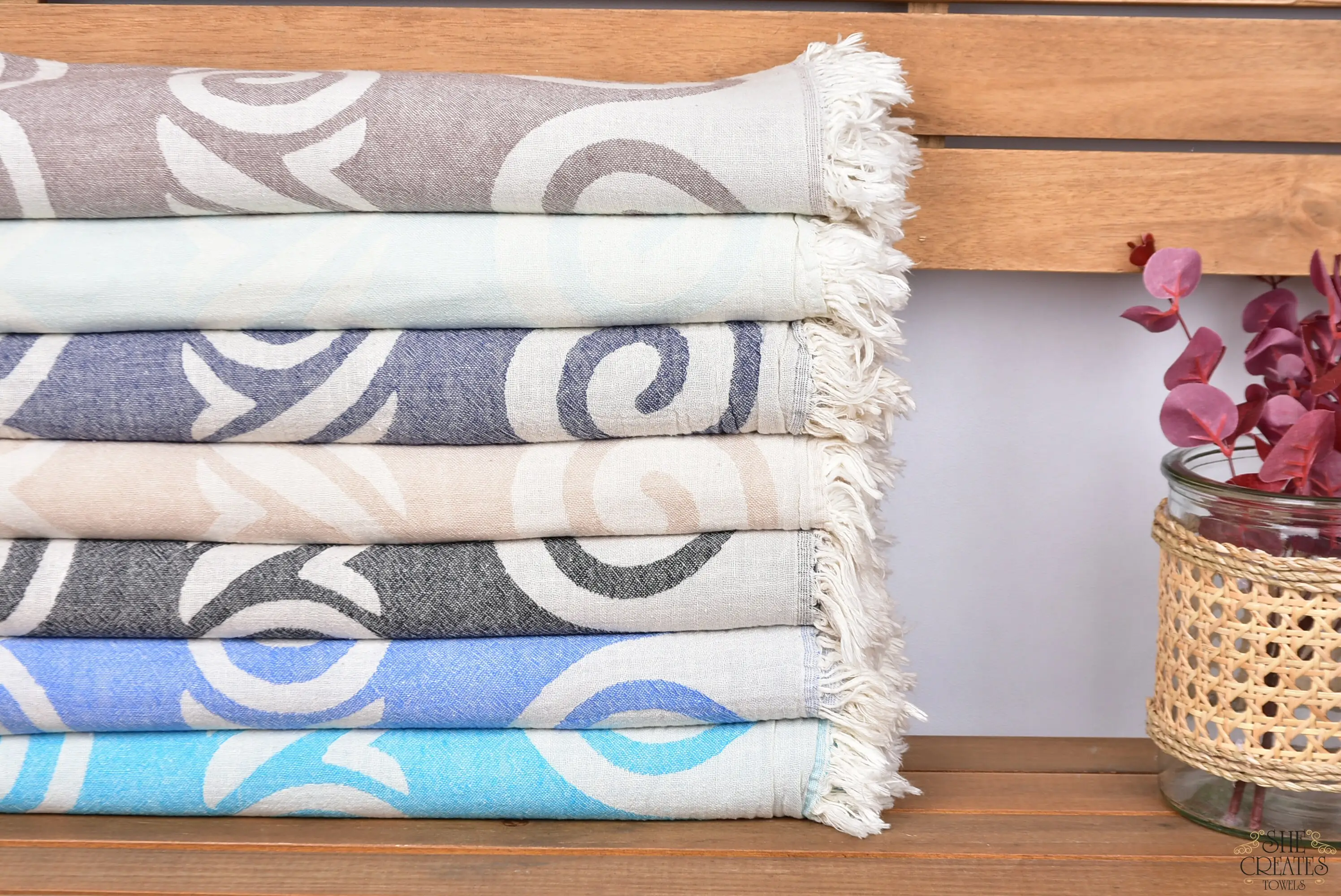Cotton Patterned Towel, Art Deco Wedding Gift, Beige, 36x70 Inches - 1