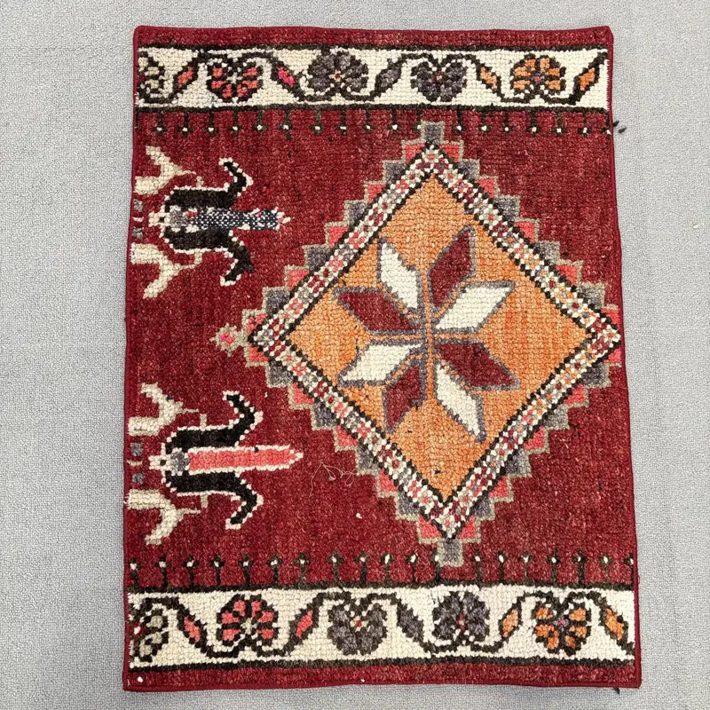 Turkish 2x2.6 ft Rug, Small Vintage Rug, Red Orange Bordered Rug - 1