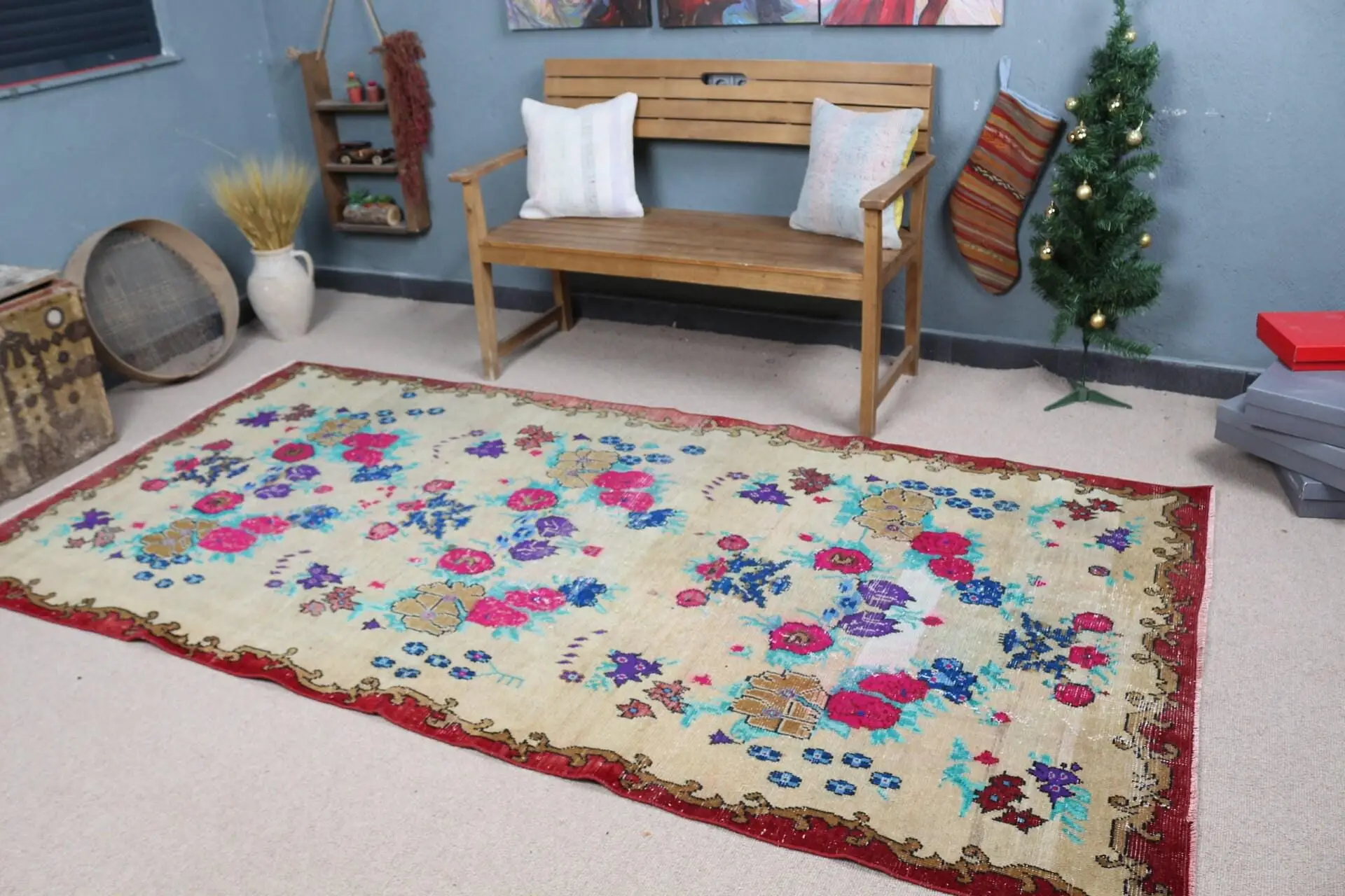 Türk Halısı 4.6x9.2 ft (139x280 cm), Kırmızı Çiçekli Vintage Halı - 1