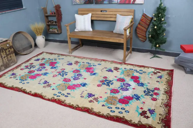 エレガントなベージュ&パープルラグ、4.6x9.2フィートの花柄幾何学デザイン