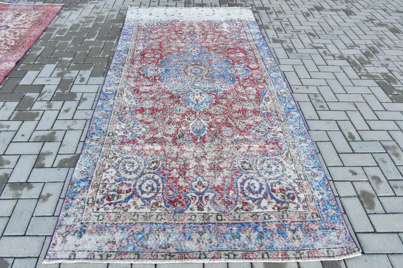 Vintage Türk Büyük Halı 4.6x9.5 ft, Kırmızı Mavi Çiçekli Halı - 1