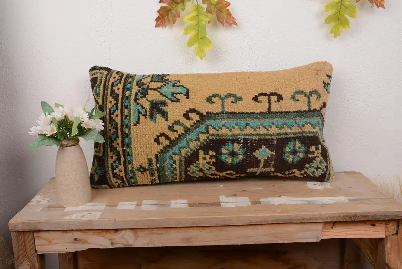 Orange & Bronze Floral Throw Pillow, 12x24 Handmade Embroidered Cushion