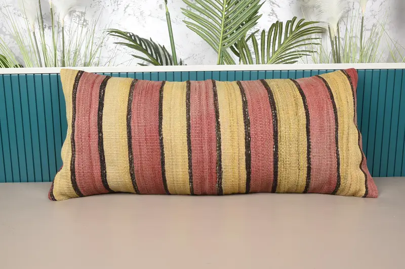 Brown & Red Striped Throw Pillow, Vintage Embroidered Pillow