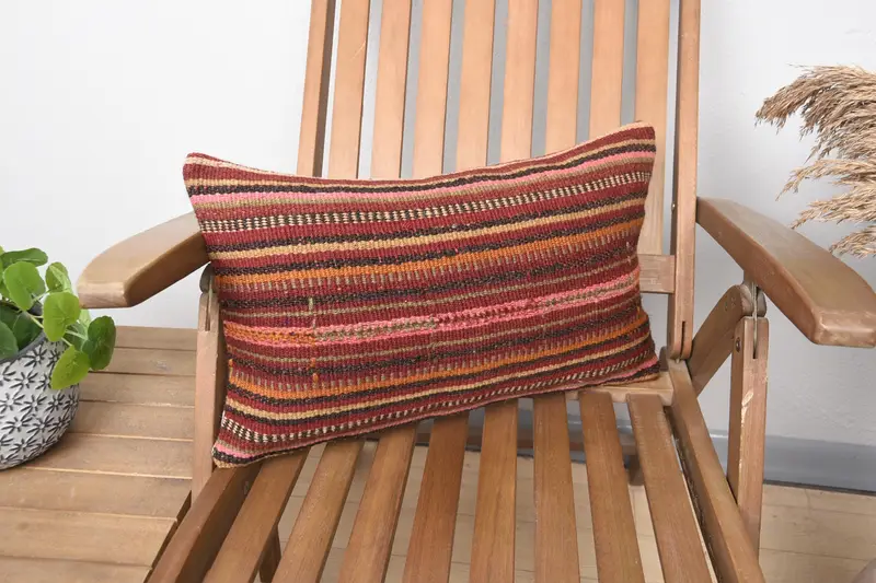 Turkish Kilim Pillow, Boho Pillow Sham Cover, Boho Pillow, Crochet Pattern Pillow Sham, 12x20 Red Pillow Cover, Cushion Cover - 1