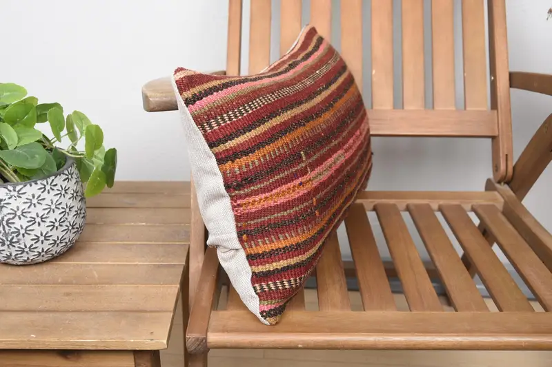 Turkish Kilim Pillow, Boho Pillow Sham Cover, Boho Pillow, Crochet Pattern Pillow Sham, 12x20 Red Pillow Cover, Cushion Cover - 2