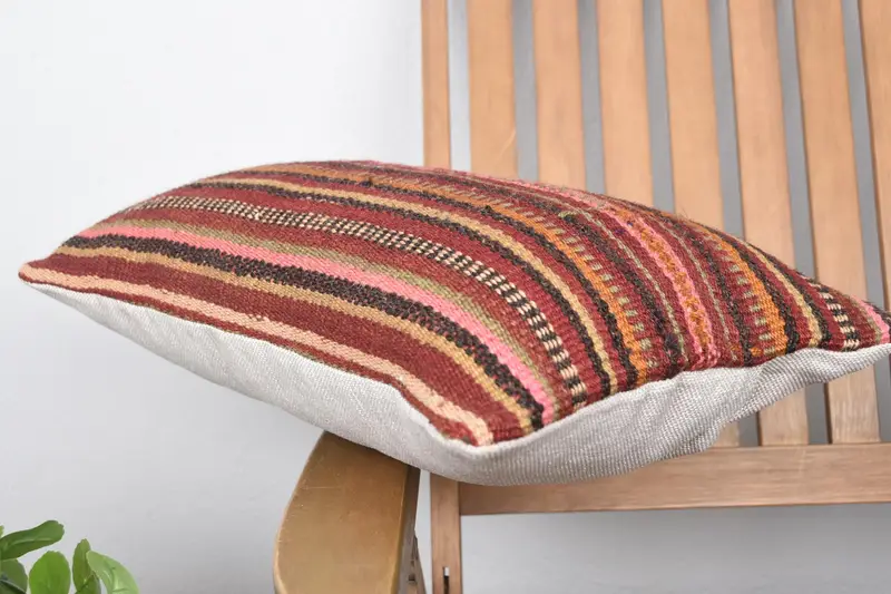 Turkish Kilim Pillow, Boho Pillow Sham Cover, Boho Pillow, Crochet Pattern Pillow Sham, 12x20 Red Pillow Cover, Cushion Cover - 6